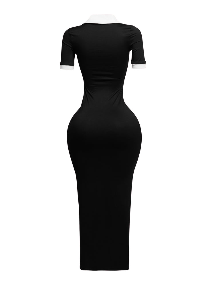 Figure-hugging black maxi with crisp white collar detail, sporty chic from right side view


