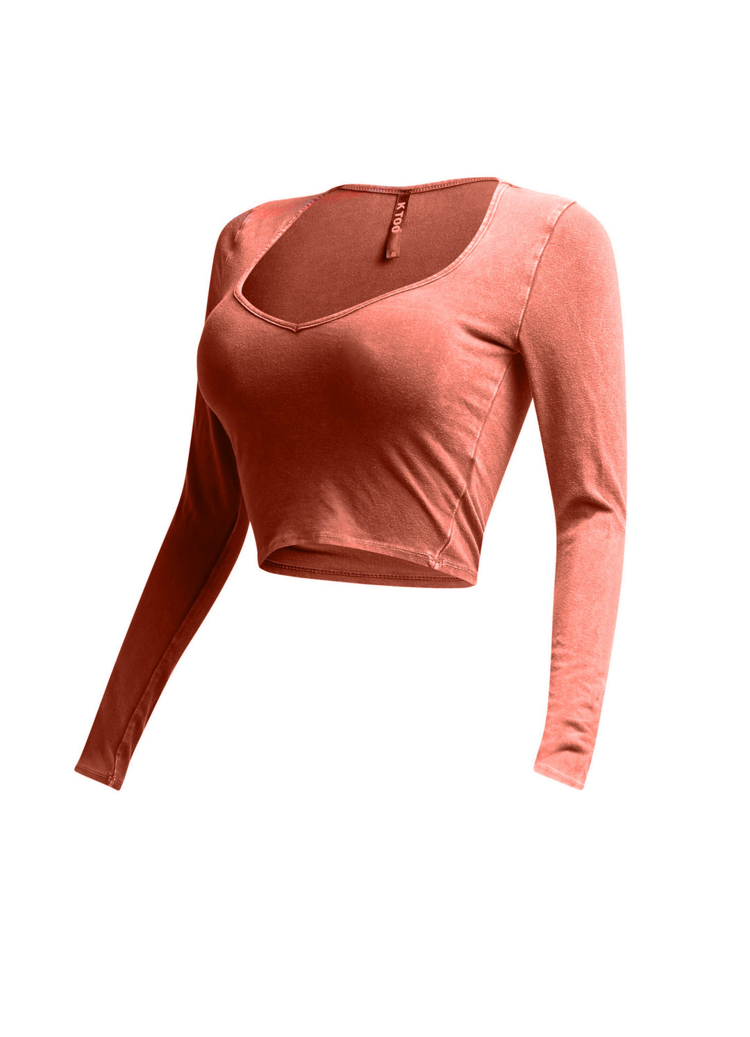 eft side view of rust vintage wash long sleeve crop top with a fitted design.