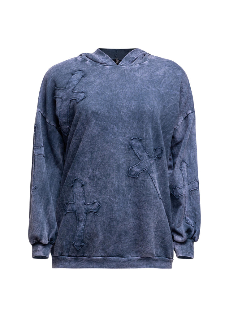Washed hooded tunic with cross patches