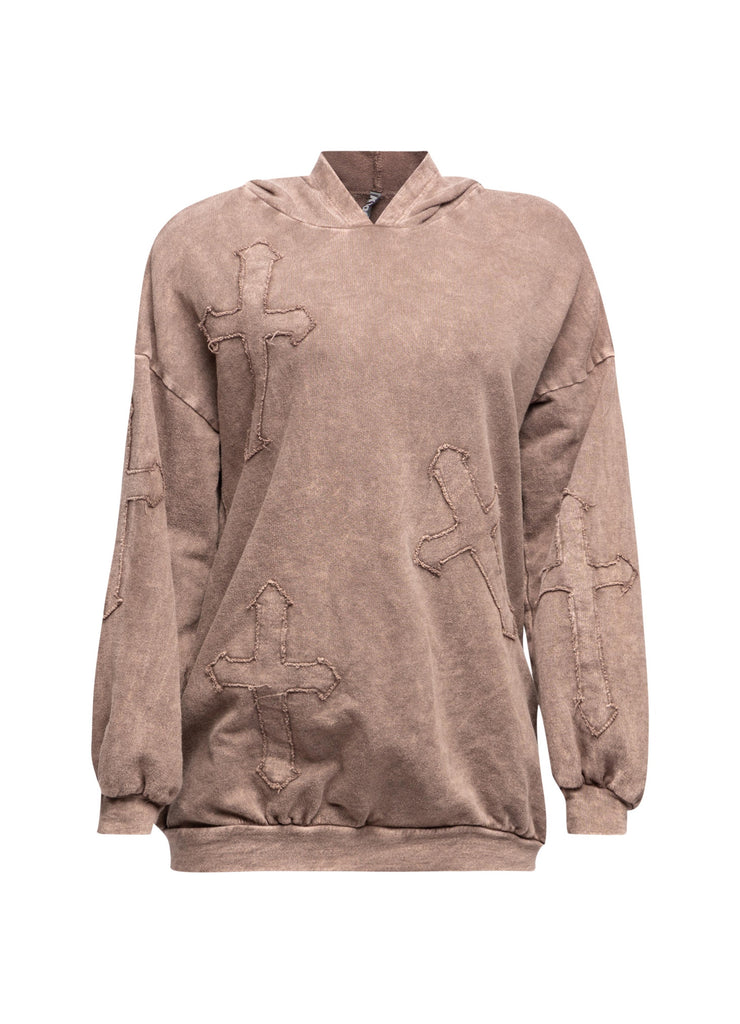 Washed hooded tunic with cross patches