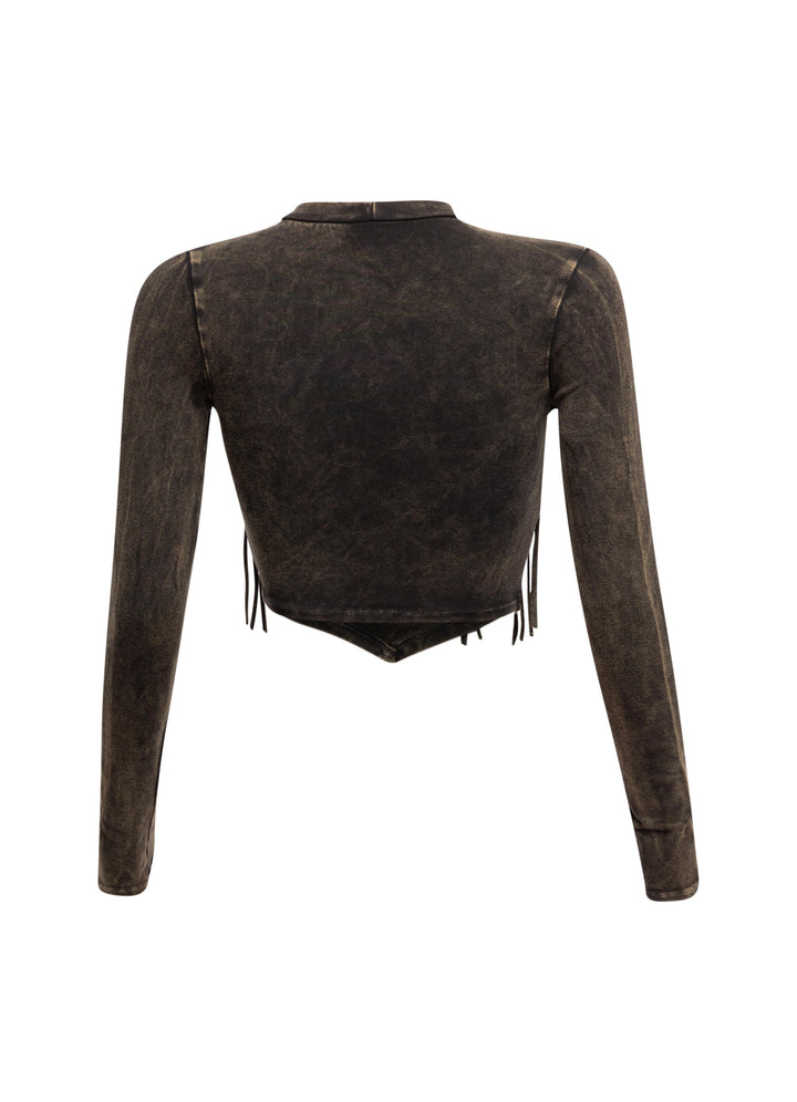 Mineral washed fringe front detailed long sleeve top