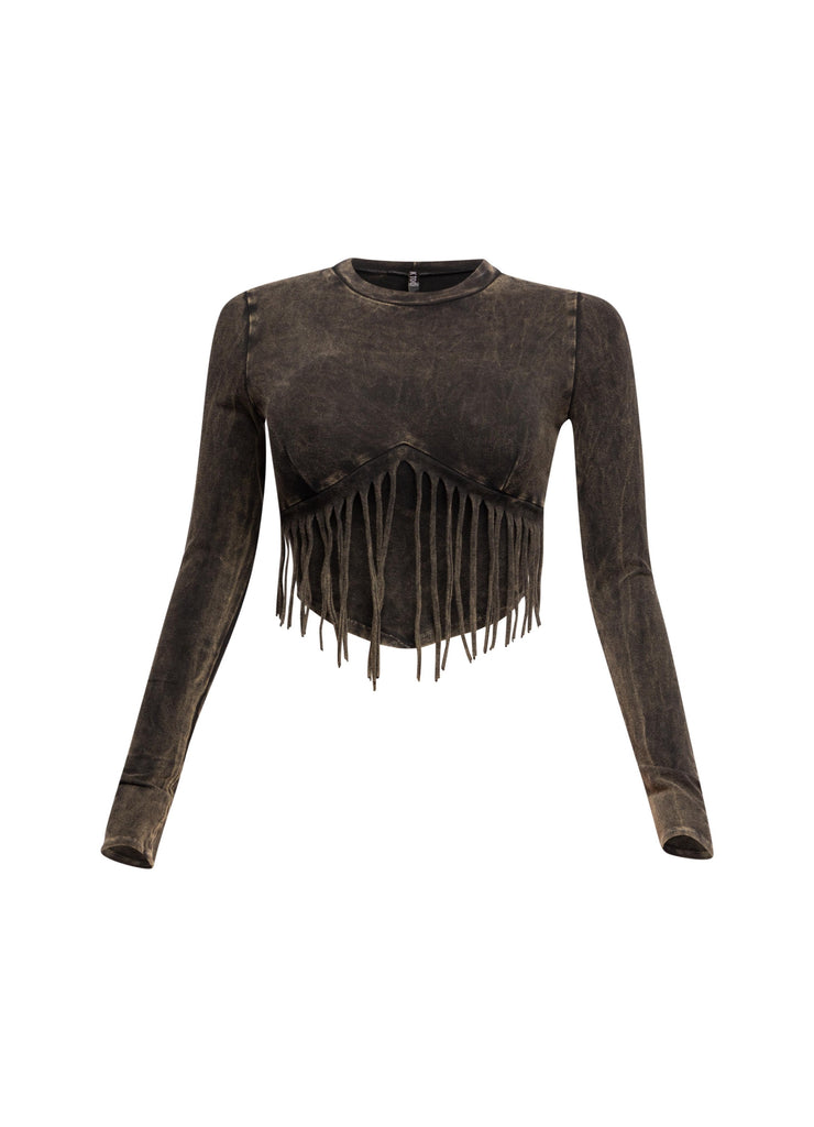 Mineral washed fringe front detailed long sleeve top