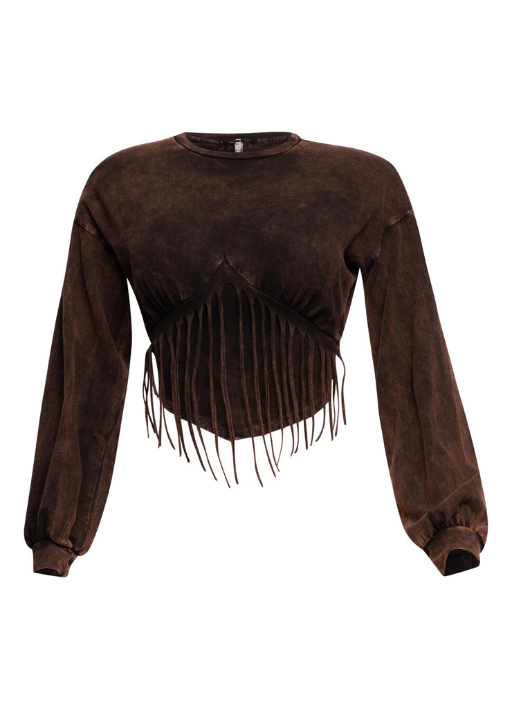 Washed fringe detailed bubble sleeve top