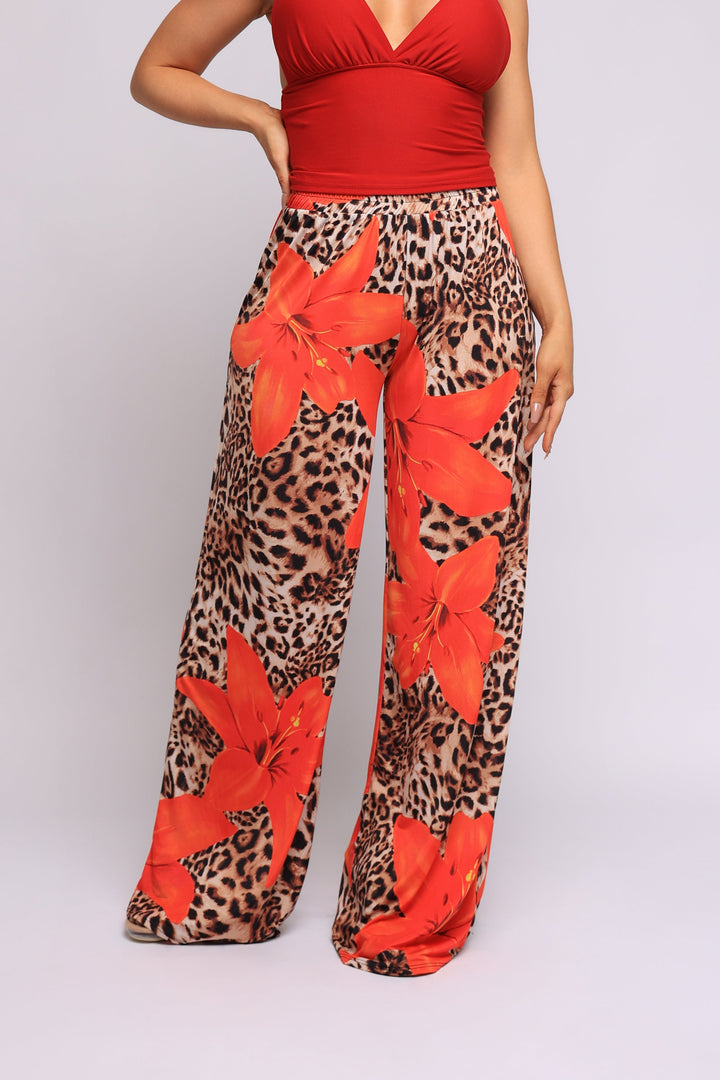 Printed wide leg pants.