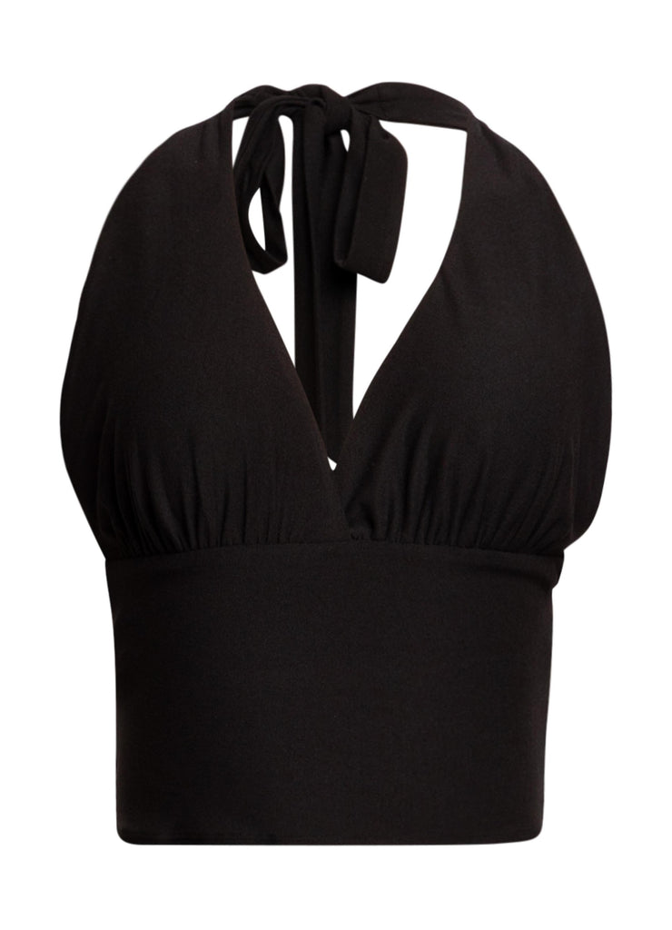 Black halter crop top with tie neck and plunging neckline