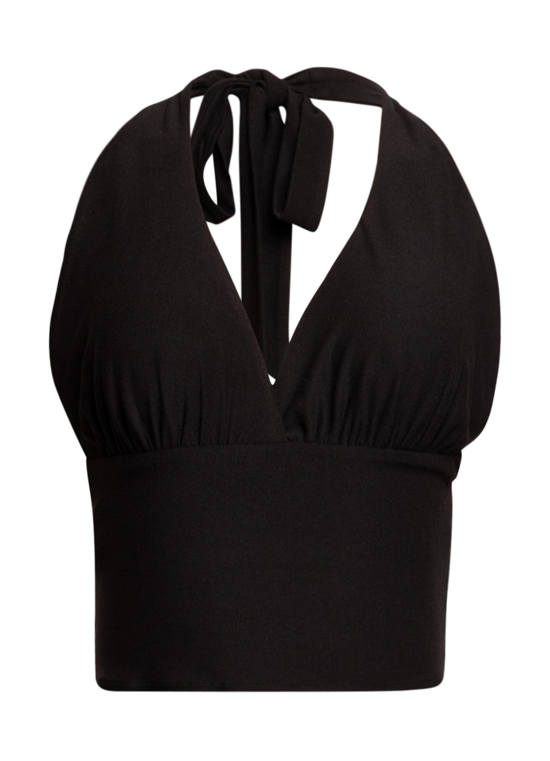 Black halter crop top with tie neck and plunging neckline