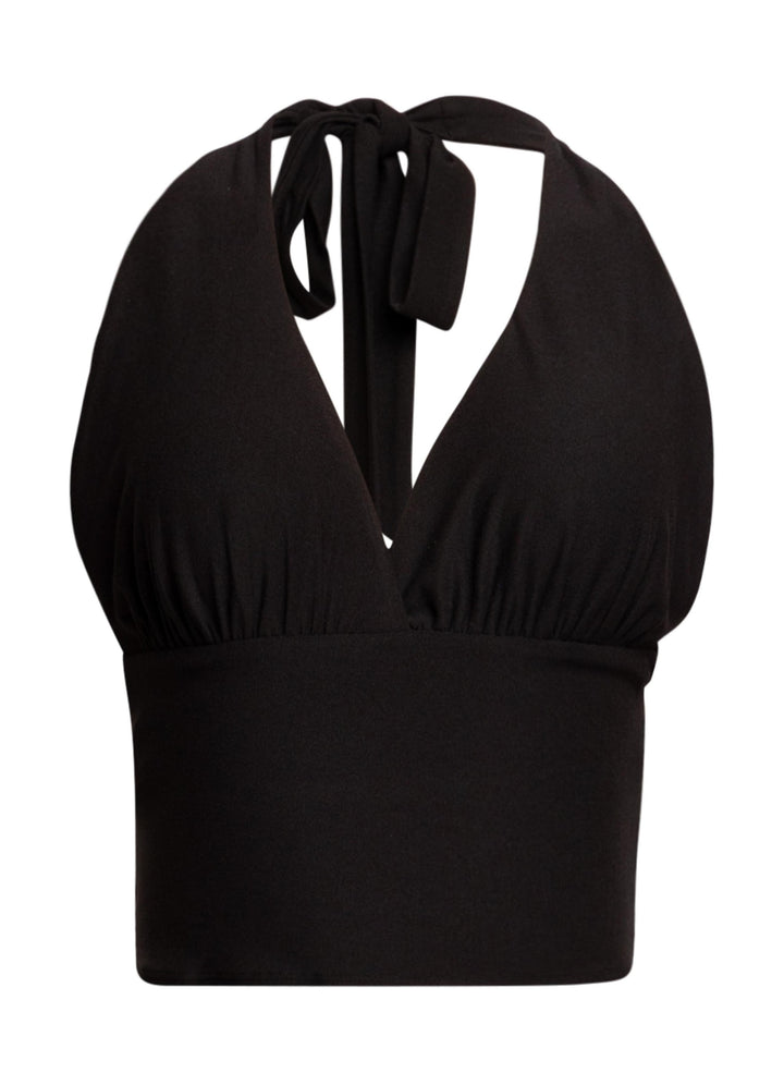 Black halter crop top with tie neck and plunging neckline