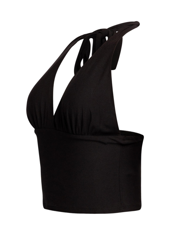 Black halter top with adjustable tie closure and deep V front