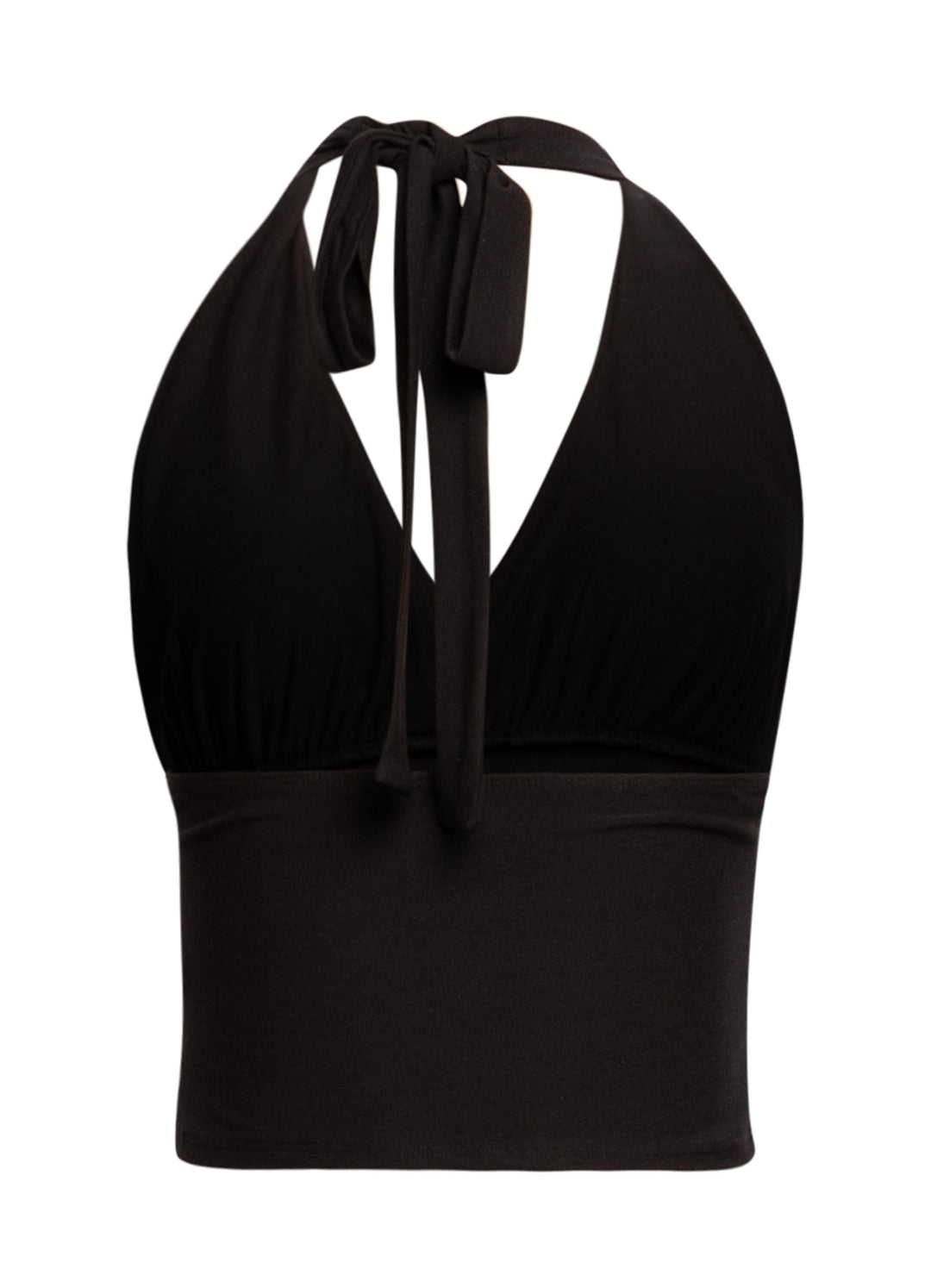 Minimal black crop top with halter silhouette and sexy backless design