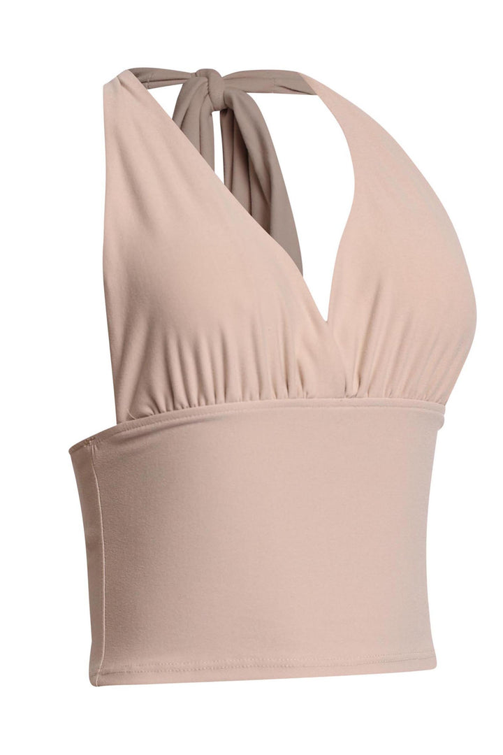  Neutral-tone halter crop top with soft stretch fit