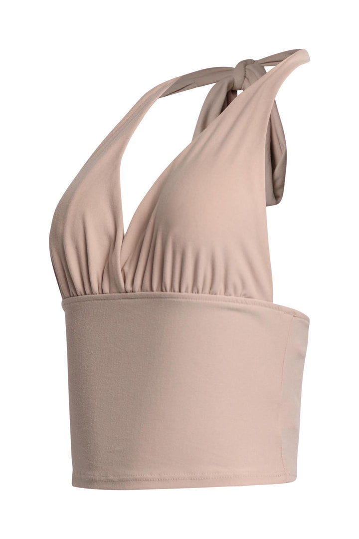 Oyster colored sleeveless top with deep neckline