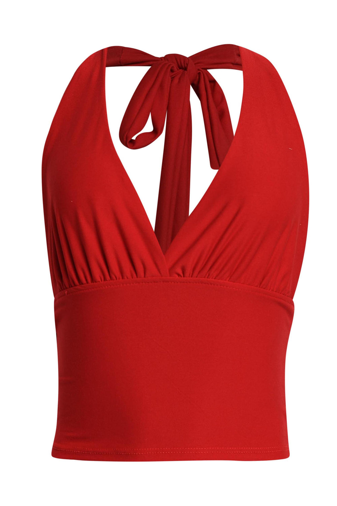 Red halter crop top with plunging neckline and tie back