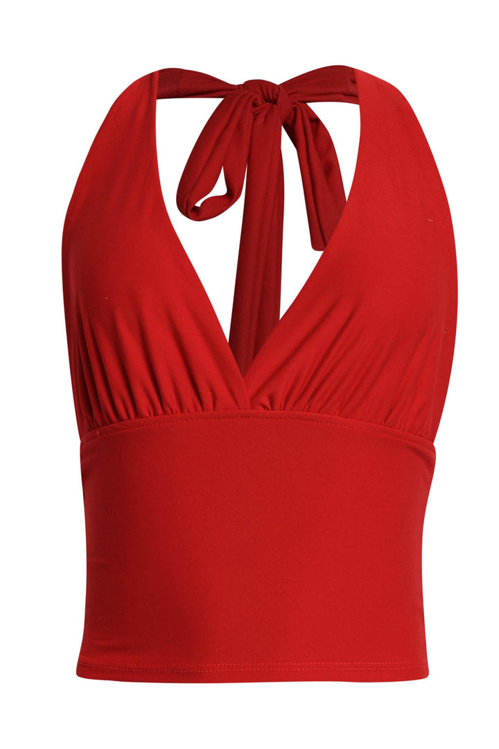 Red halter crop top with plunging neckline and tie back
