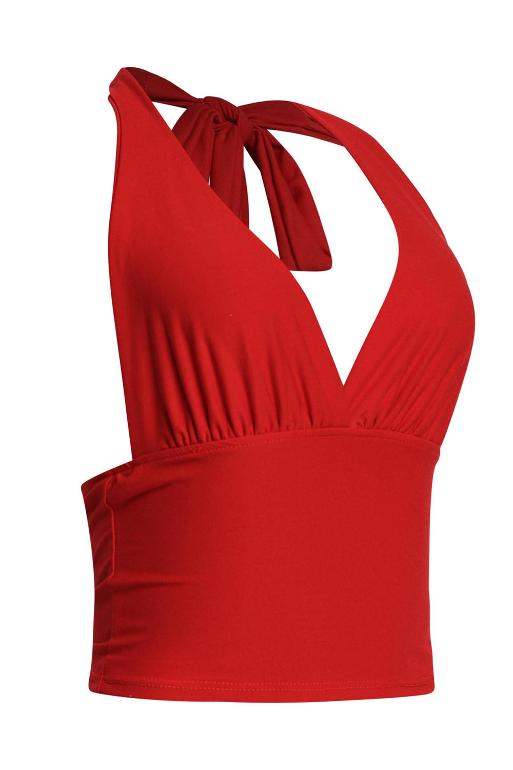 Bold red sleeveless top with open back and curve-hugging fit
