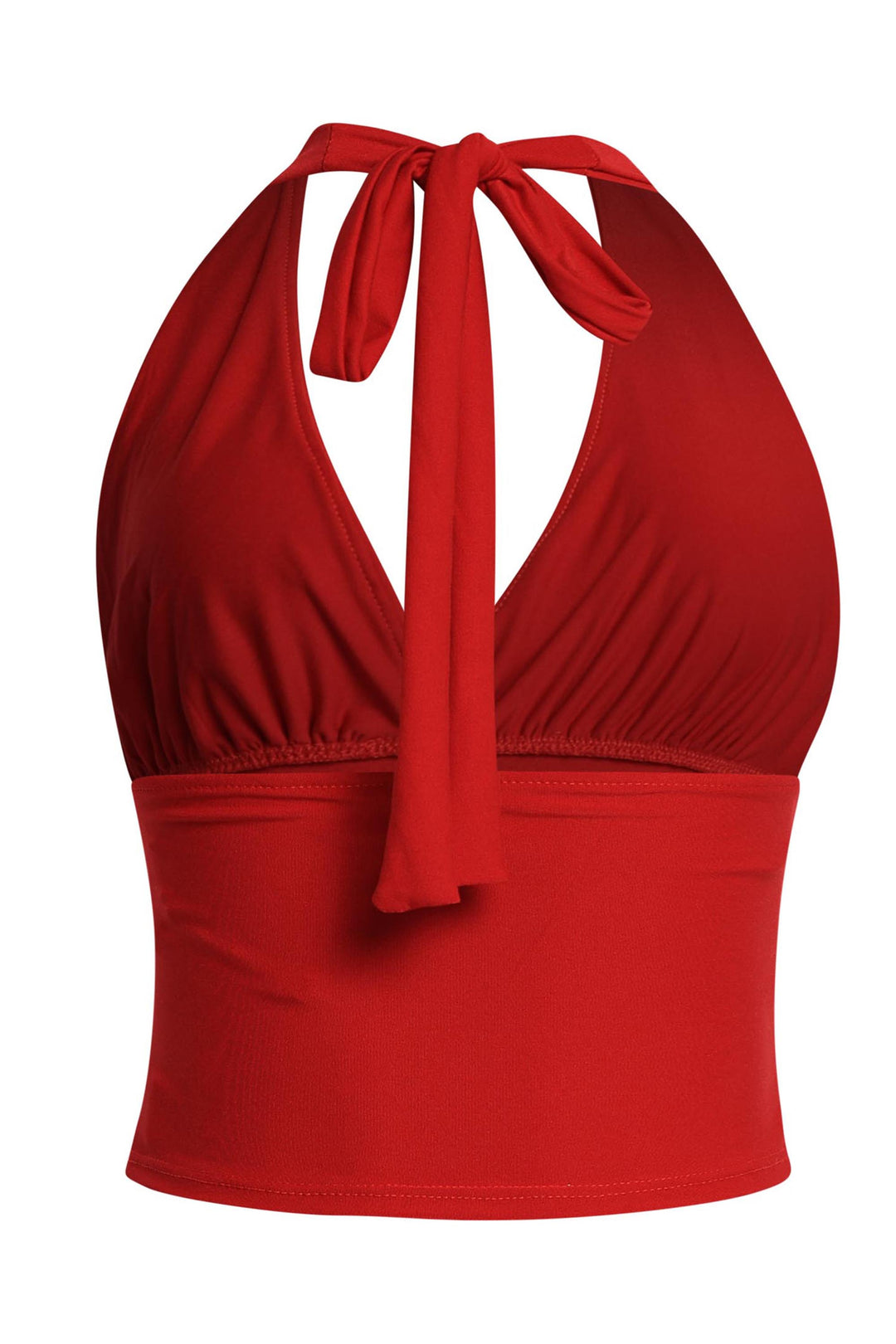 Red V-neck halter top with slim silhouette