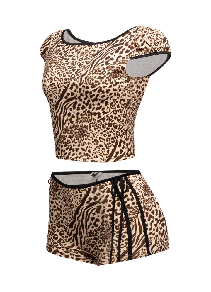 Leopard Short Set W Bow Accents