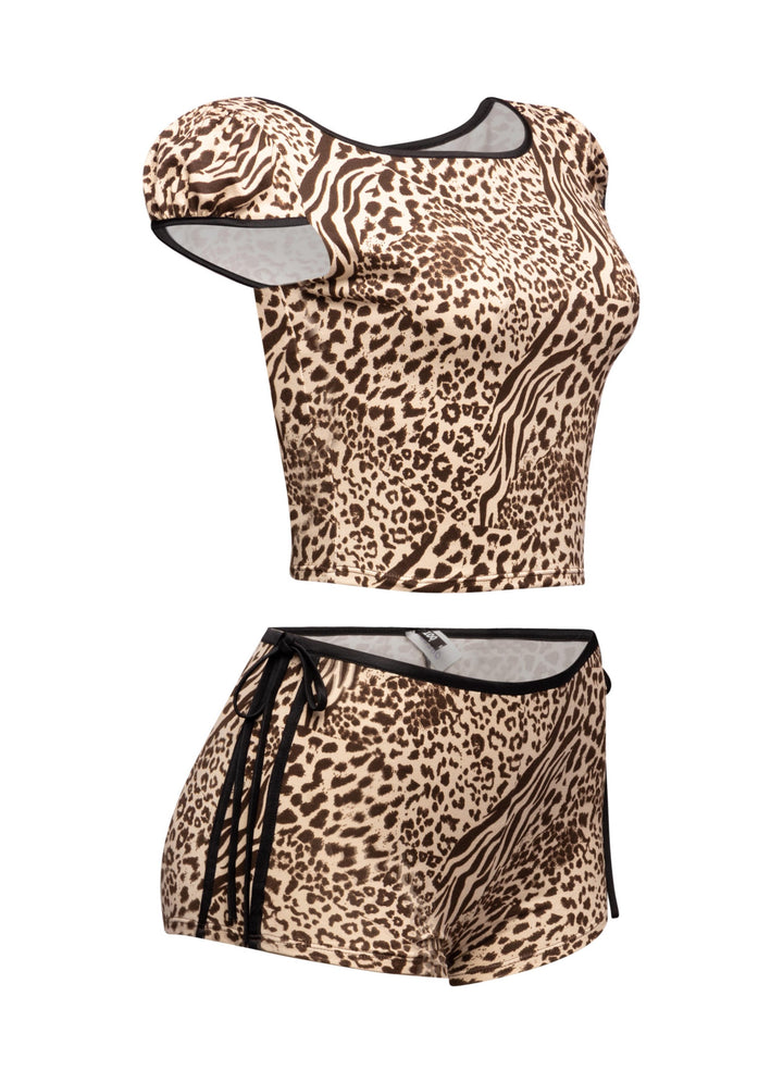 Leopard Short Set W Bow Accents
