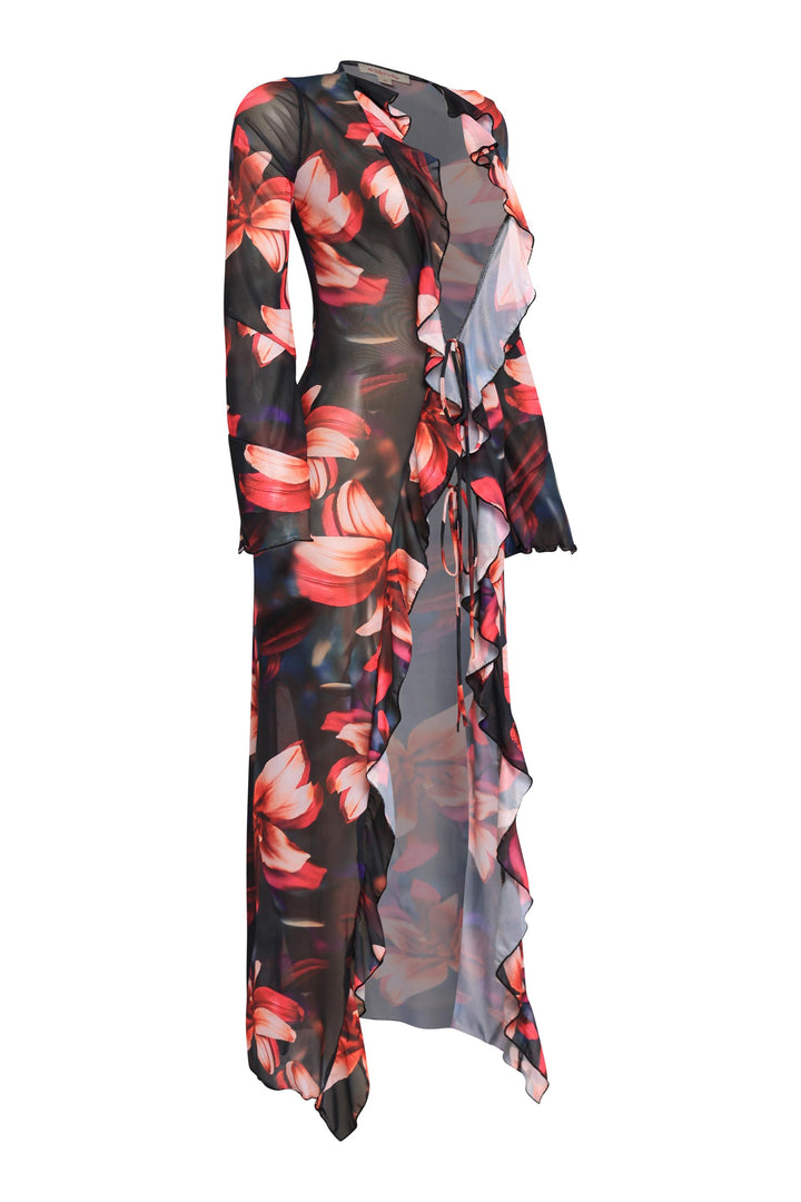 Long sleeve mesh layering top with collared neckline and bold red floral design styled over neutral basics for a statement moment