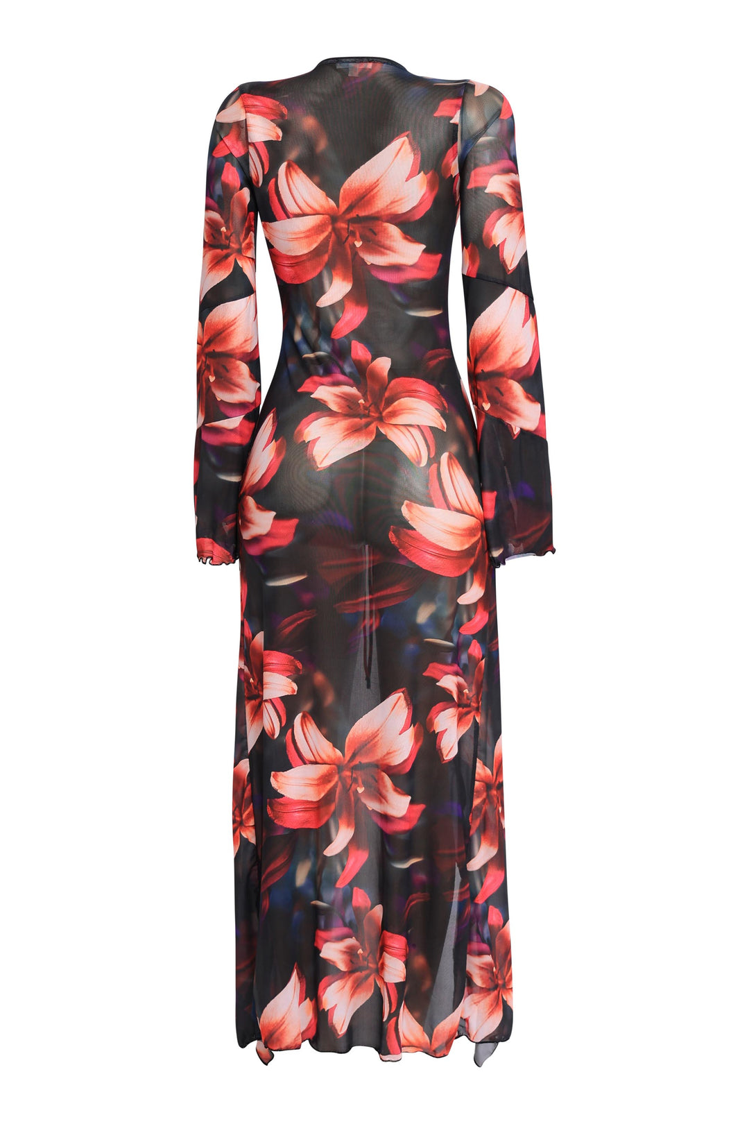 Black combo mesh top with dramatic ruffles and lightweight drape styled with heels for chic resort or poolside look