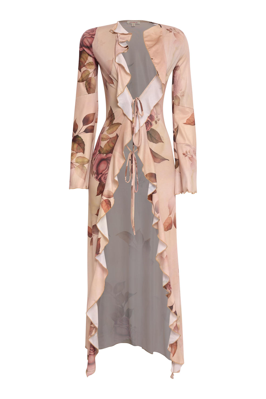 Sheer floral print tie top in nude tones with long sleeves and cascading ruffles styled for resort looks and spring layering