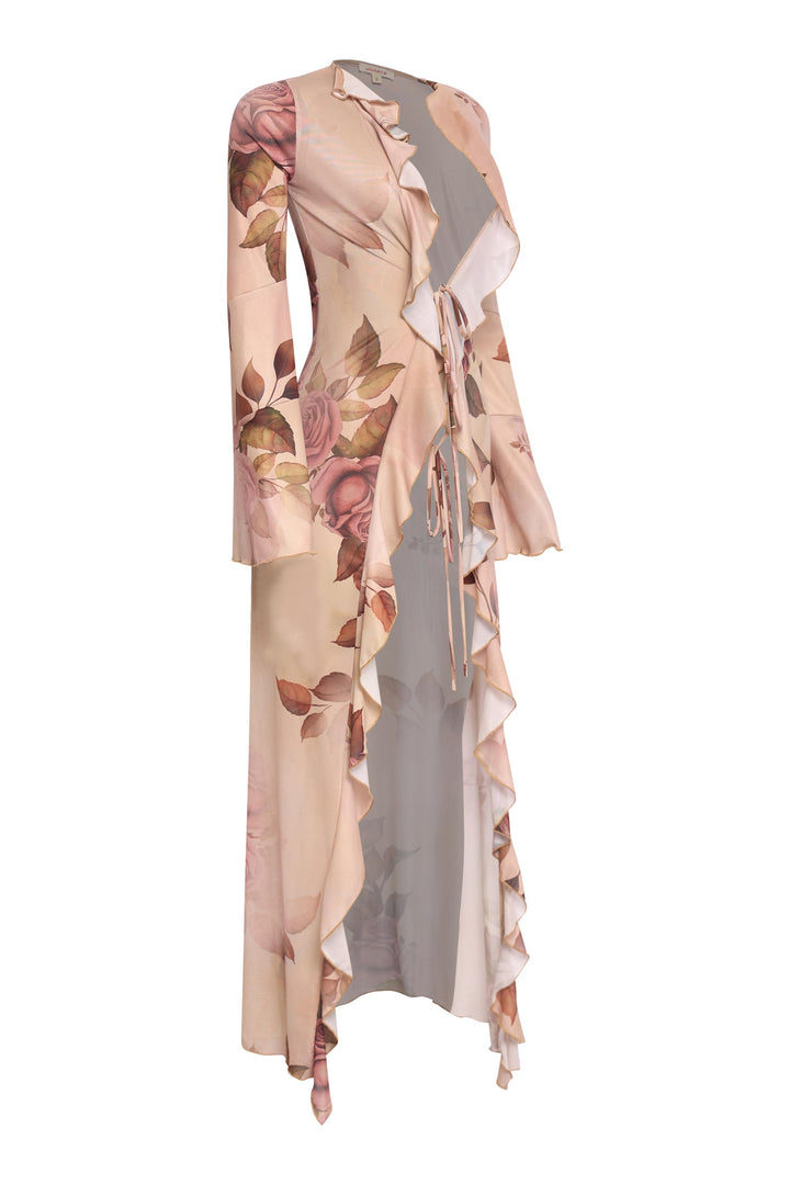 Lightweight nude mesh top with rose floral print and collared neckline styled with minimal separates for elegant warm weather style