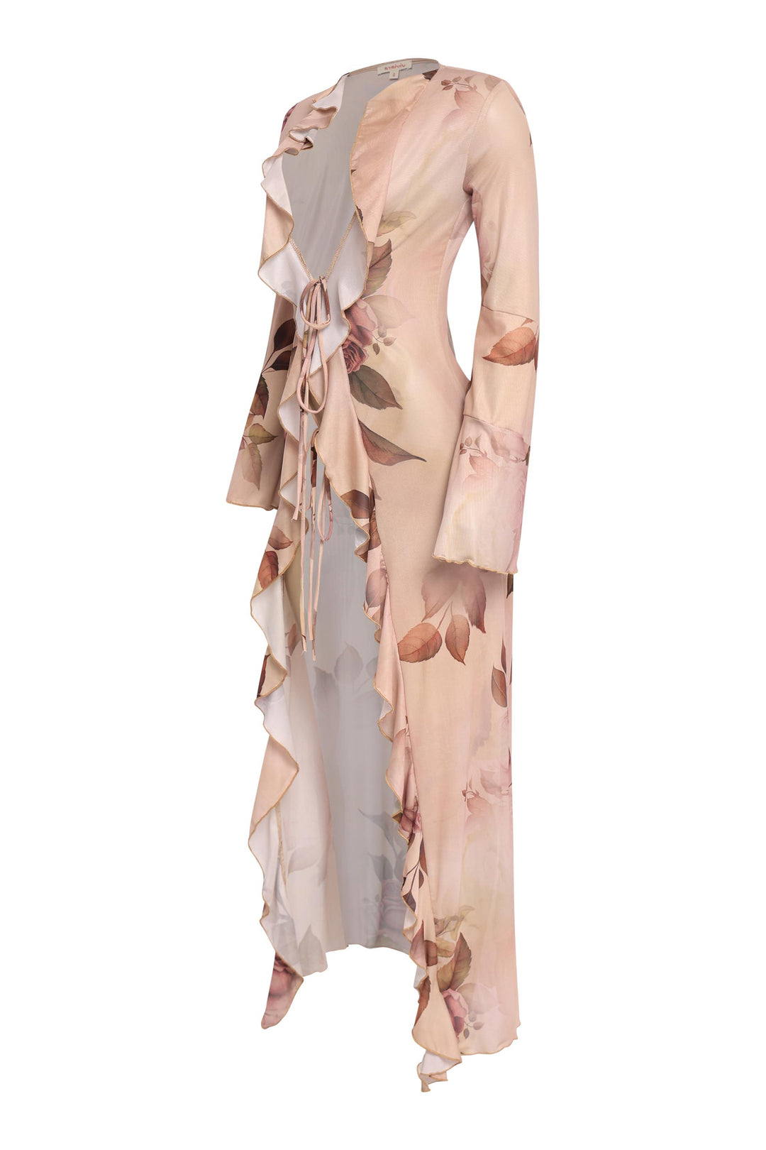 Open front nude floral top with ruffle trim and double tie closure styled as a romantic sheer layer over lingerie or swim