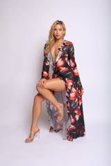 Midnight bloom mesh top styled open with flowing hem and dramatic florals

