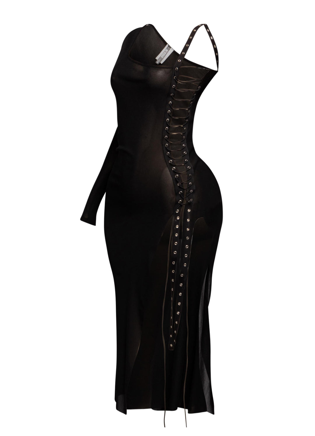  Back view of sheer mesh black midi dress with one long sleeve, sculpted silhouette, and risqué party-ready design