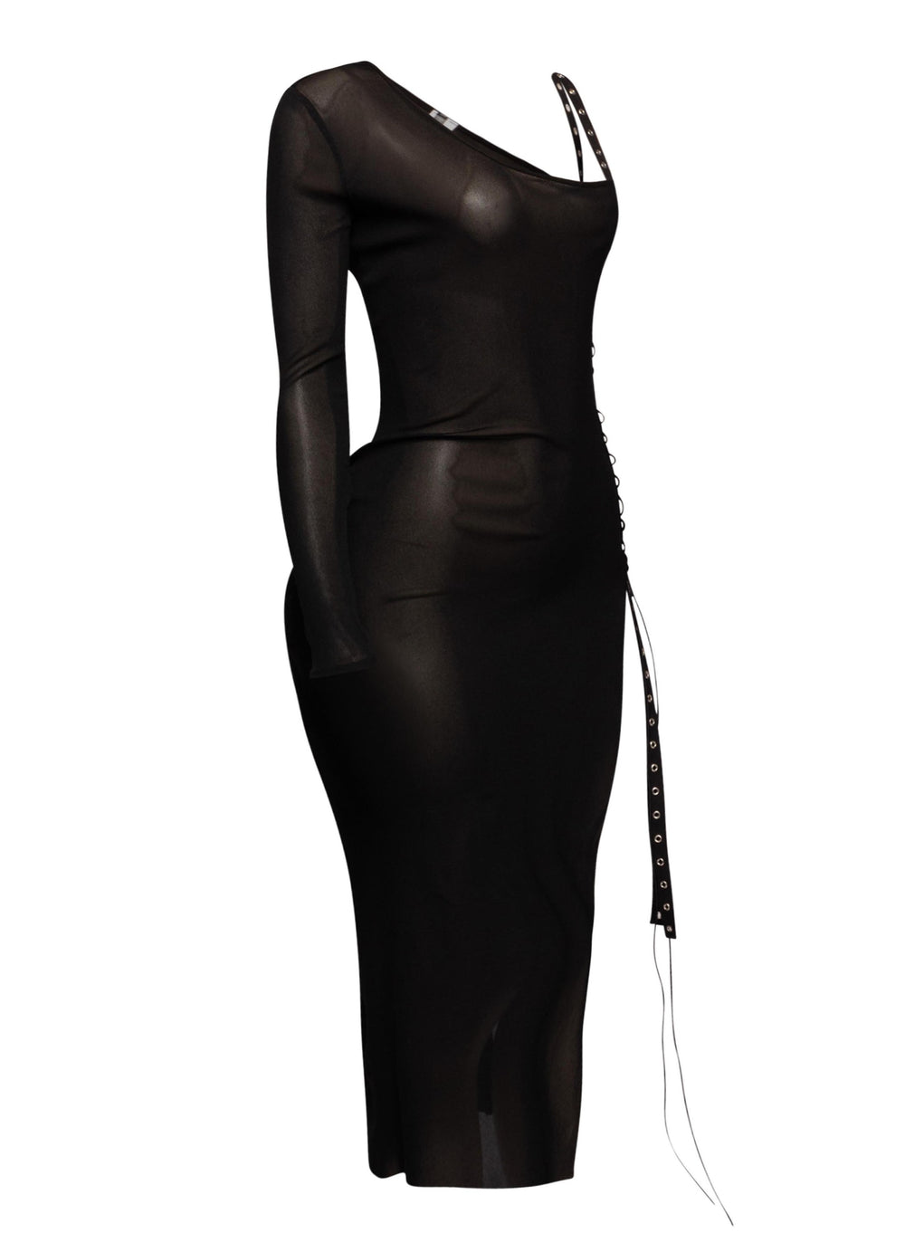  After party mesh dress with high lace-up side slit, grommet tie accents, and see-through black fabric