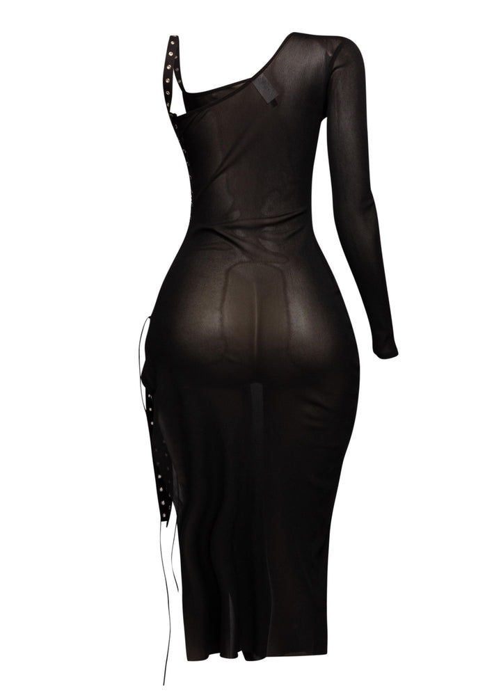Black sheer asymmetrical bodycon midi with curve-hugging fit and bold drawstring detailing for edgy glam looks