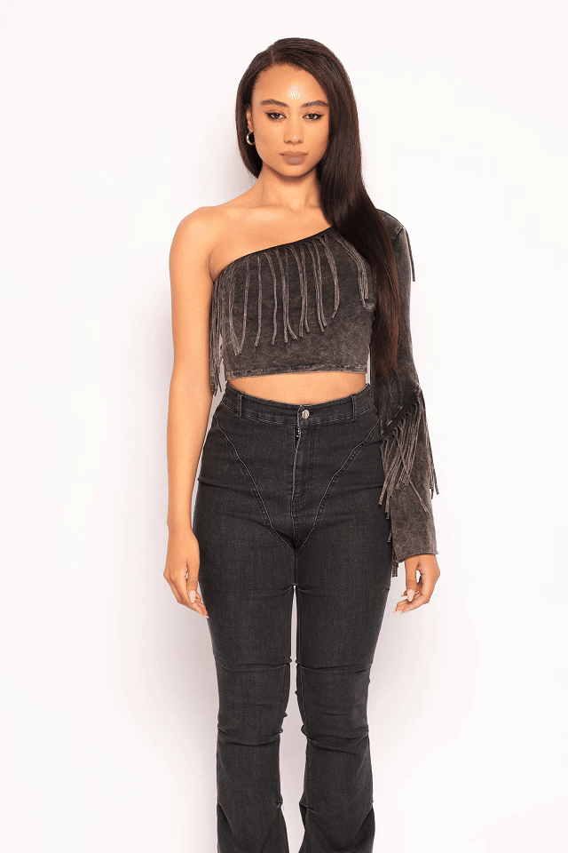 One shoulder fringe top