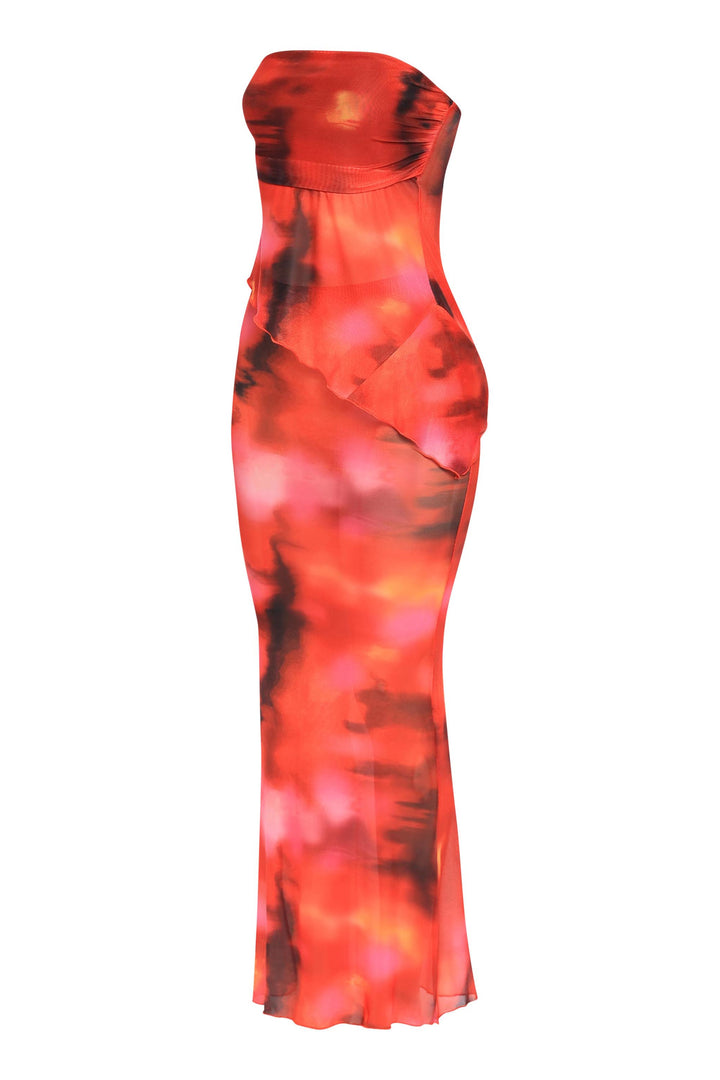  Lightweight red two-piece set with abstract print and ruching