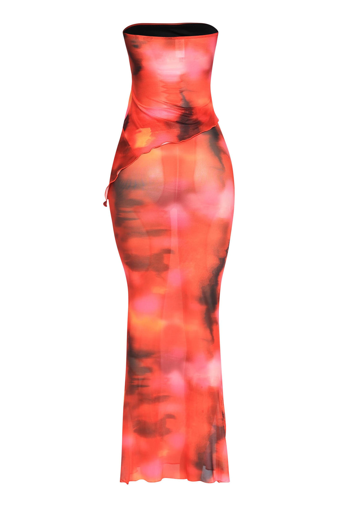 Bold red mesh co-ord with body-hugging fit and flared hem skirt