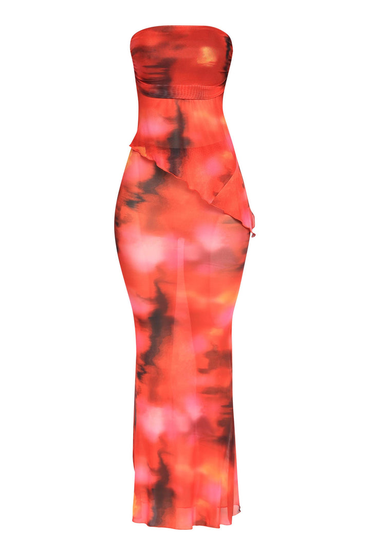 Red mesh tube top with asymmetric hem and printed flared maxi skirt