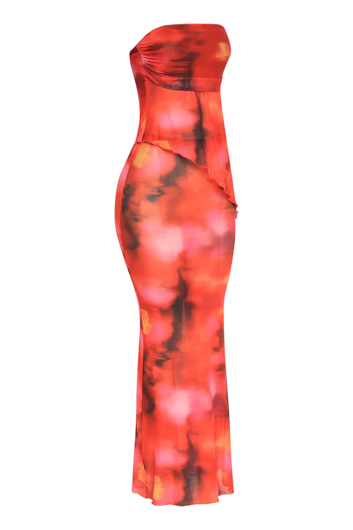 Sheer red print two-piece set with tie-back top and stretch skirt
