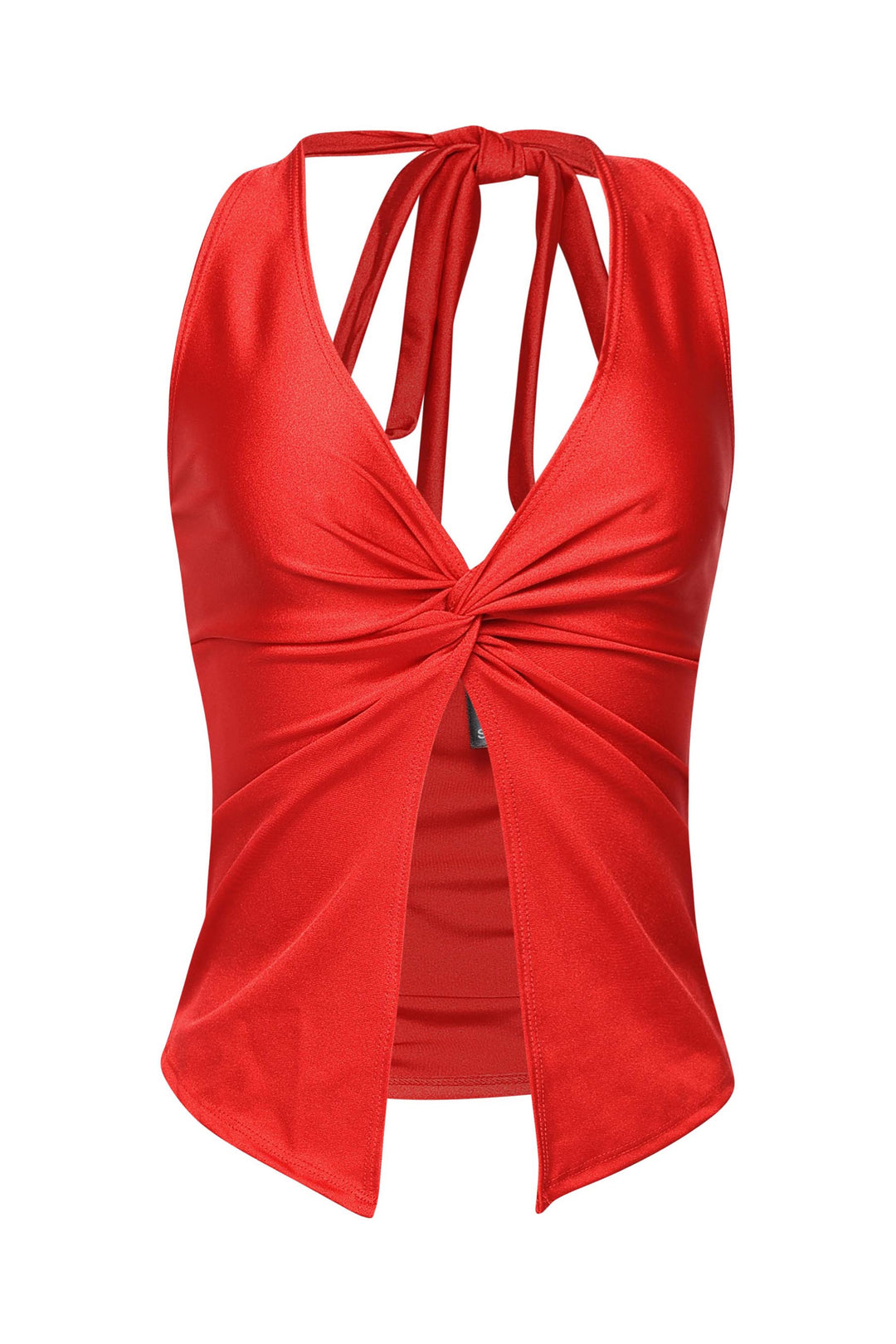 • Red halter top with deep plunge and center twist detail for party looks

