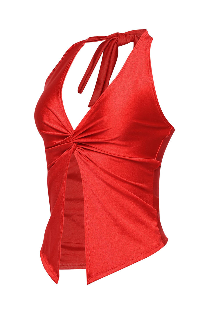 • Red sleeveless knot crop top in bold hot girl summer style


