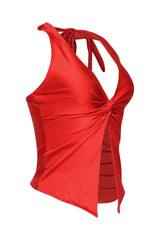 • Red shiny satin crop top with open front hem and bold Y2K vibe
