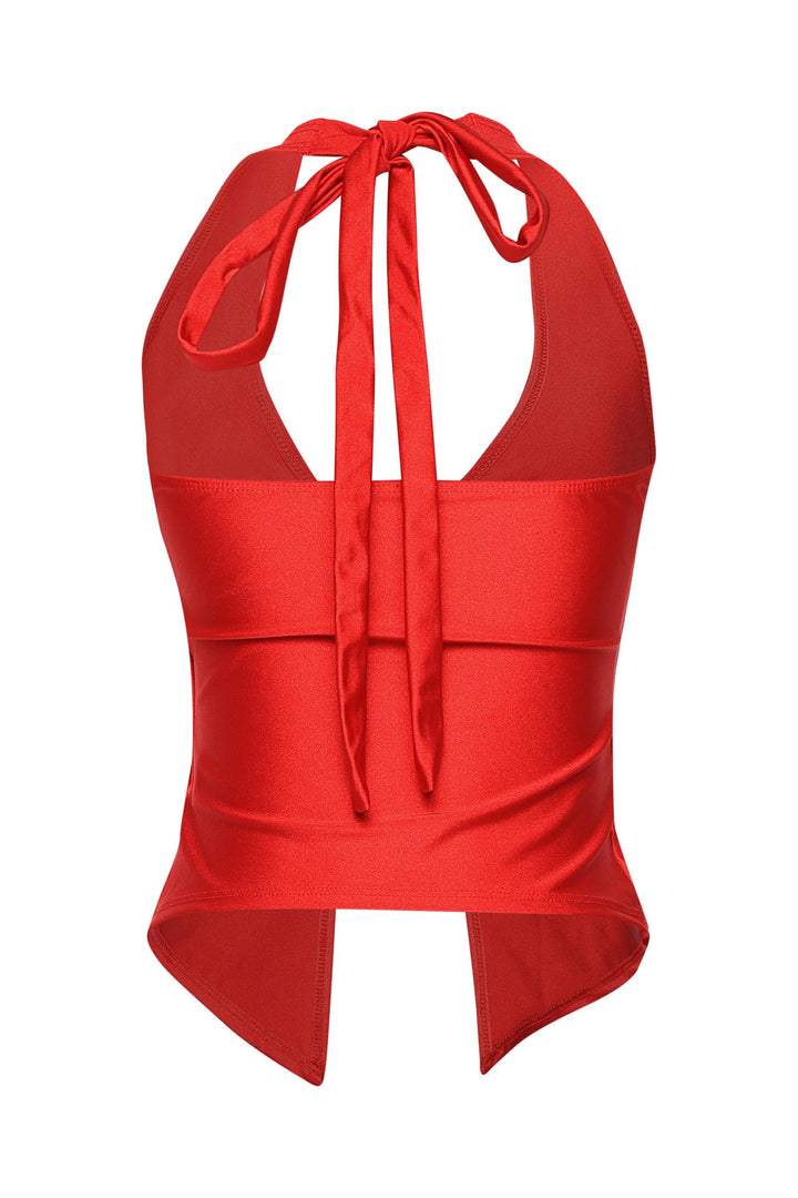 • Red form-fitting top with halter neck tie and flirty twisted front
