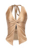 • Gold halter top with satin shimmer and flared split front
