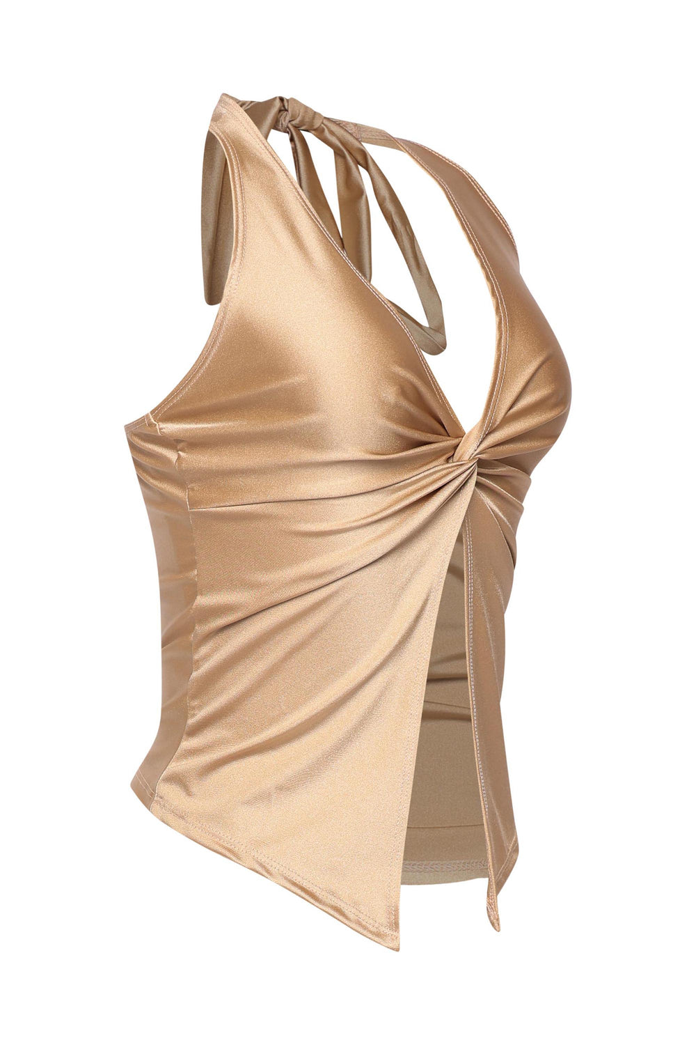 Golden yellow twisted front crop top with tied neckline