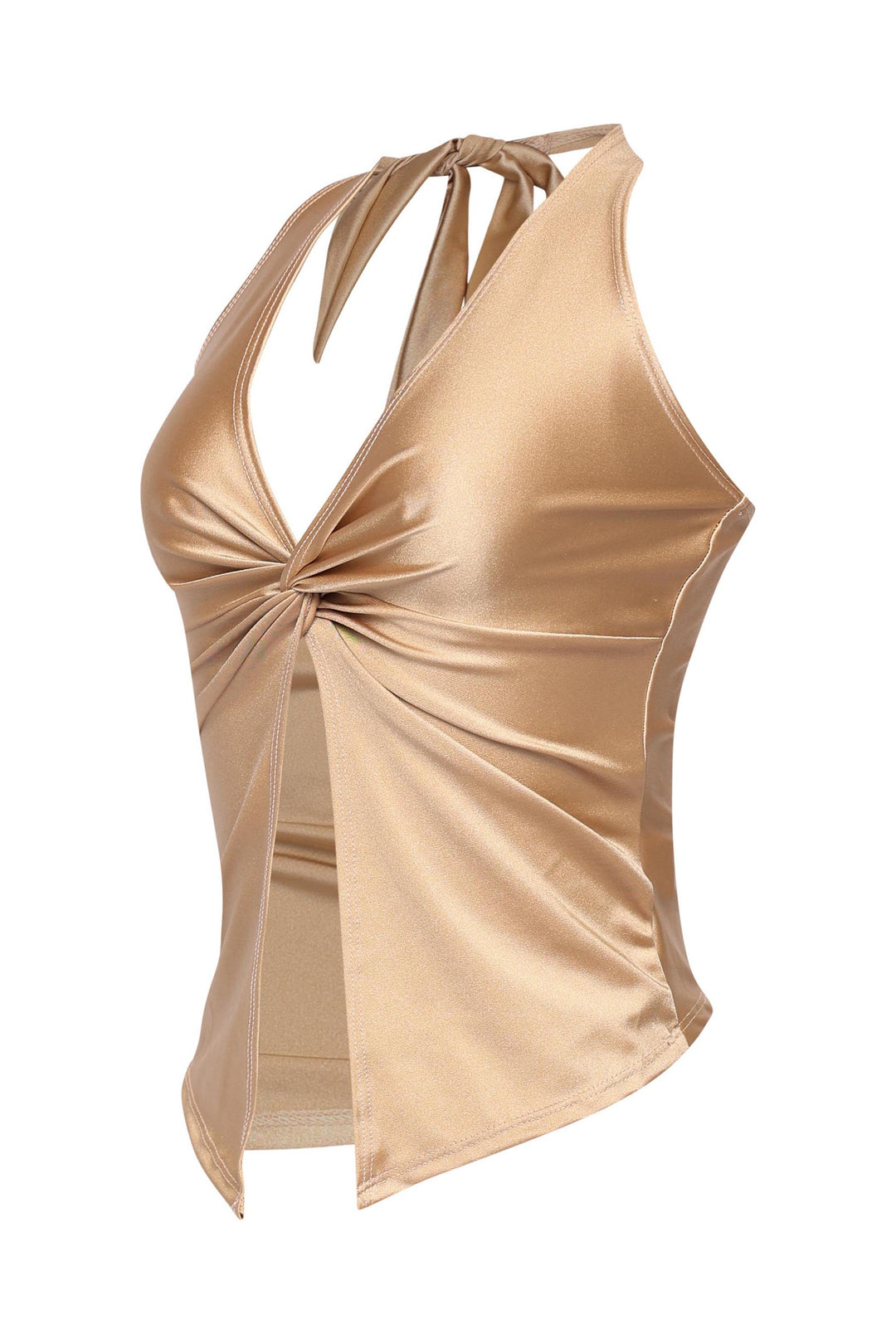  Shiny gold sleeveless top with plunge neck and soft body-hugging fit