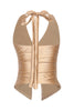 Gold statement halter crop for party nights with twist and open front