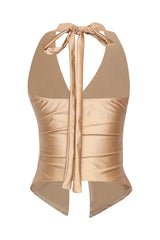 Gold statement halter crop for party nights with twist and open front