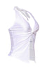 White sleeveless satin top with twist front, close fit and tied neck