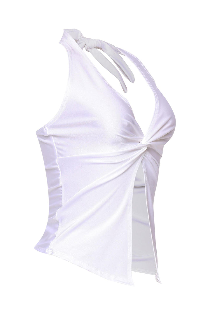 White sleeveless satin top with twist front, close fit and tied neck