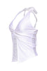 White deep v halter top with sheen fabric and Y2K open front cut