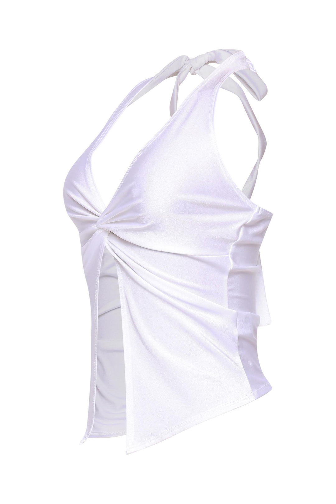 White deep v halter top with sheen fabric and Y2K open front cut