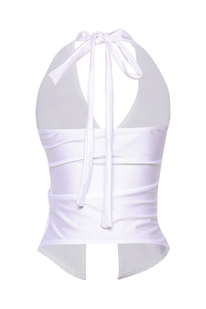 White trendy halter crop with stretch satin finish and side ruching