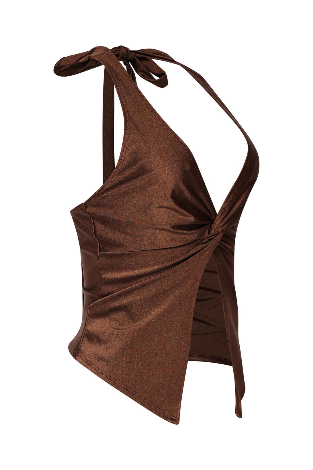Chocolate brown crop halter with front slit and plunge neckline